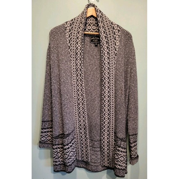 Lucky Brand Gray Print Long Open Cardigan Sweater Pockets Sz M - Picture 1 of 8